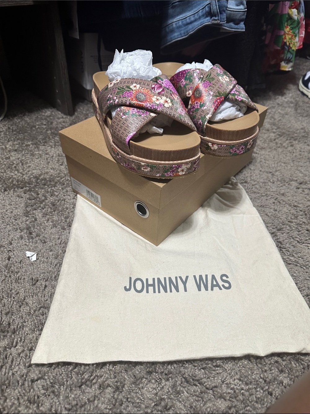 Johnny Was Brown & Pink Floral Platform Slide Sandals